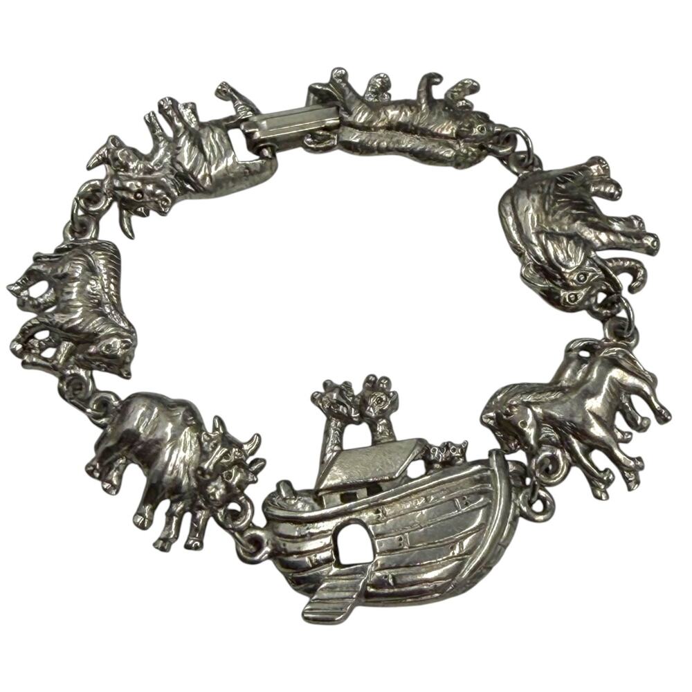 VTG 80s 90s Noahs Ark Animal Panel Link Silver Tone Christian Bible Bracelet 8"